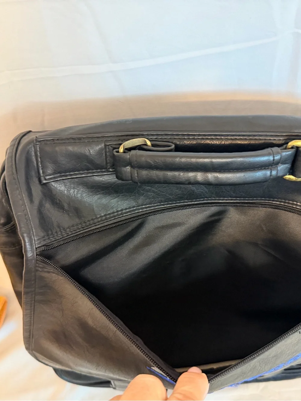 Black Leather Laptop Messenger Bag with Blue Logo